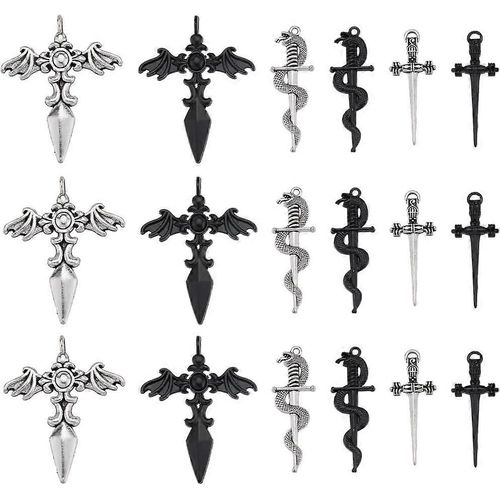 1 Boîte De 48 Breloques Épée, 8 Styles, Breloque Couteau Argenté, Alliage Vintage, Style Gothique Noir, Ailes D'ange, Serpent, Breloques Épée Pour La Fabrication De Bijoux, Breloques D'halloween