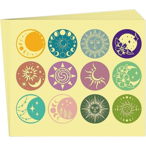 Lot De 120 Autocollants Ronds De 5 Cm, Motif Lune, Soleil, Lune, Étoiles, Fleurs, En Relief, Pour Certificat, Médaille, Décoration, Pour Enveloppe, Emballage