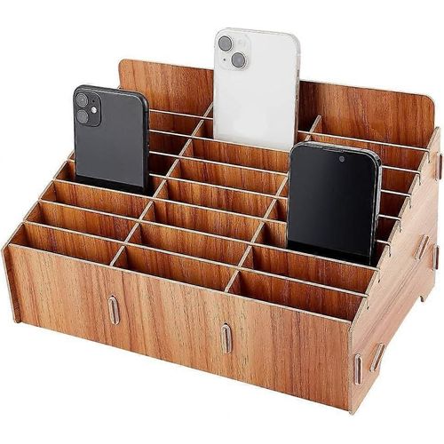 Boîte De Rangement En Bois À 24 Compartiments Pour Téléphone Portable, Organiseur De Bureau Pour Fournitures Scolaires Et De Bureau, Couleur Bois De Teck
