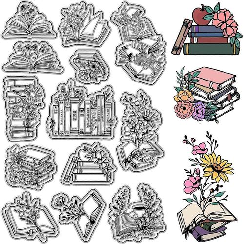 Tampons En Caoutchouc Transparents Empilés De Livres, Fleurs Vintage, Tampons En Silicone Transparents Réutilisables Pour Les Amateurs De Livres, Journalisation, Fabrication De Cartes, Scrapbooking, Photo, Al