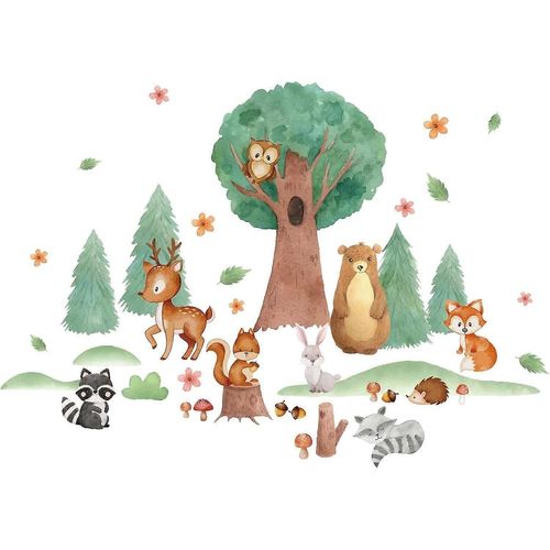 Stickers muraux animaux des bois, autocollants arbres forestiers, autocollants muraux aquarelle renard, cerf, décoration murale en vinyle pour chambre d'enfant, ours, fleur, champignon, art pour bébé et enfant