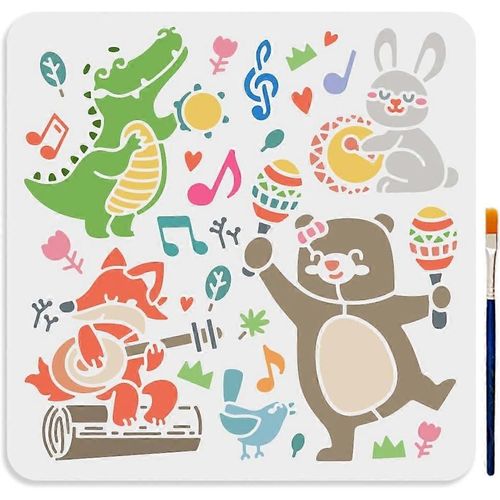 Pochoir animal musical 11,811,8 pouces Grand crocodile Lapin Ours Renard Pochoirs avec pinceau Réutilisable Musique Animal Danse Dessin Modèle pour Art Cra