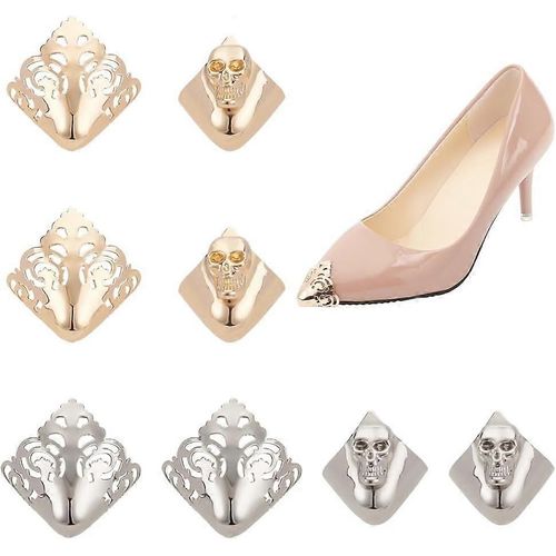 Lot de 8 protège-orteils pointus en métal, 4 styles, platine et or clair, motifs floraux creux et tête de mort, triangles pour talons hauts