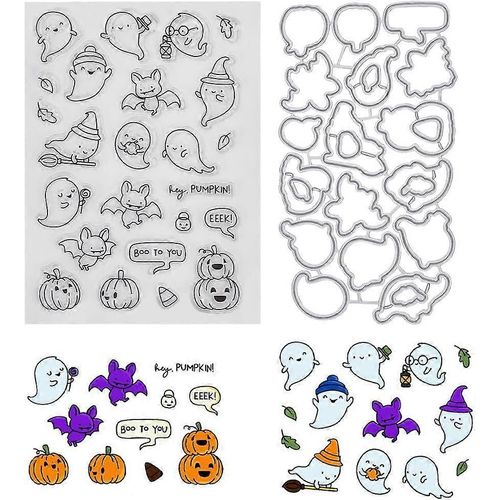 Ensemble De Tampons En Caoutchouc Transparent Et De Matrices De Découpe En Métal Sur Le Thème D'halloween, Tampons En Silicone Transparents, Pochoirs De Découpe En Acier Au Carbone Pour La Fabrication De Cartes J