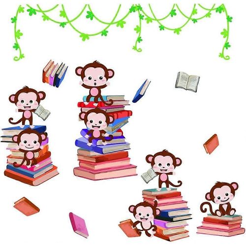 Autocollant mural animaux lisant des livres de singe autocollant mural avec vigne verte décoration murale autocollants muraux en vinyle pour salle de lecture lecture pour enfants