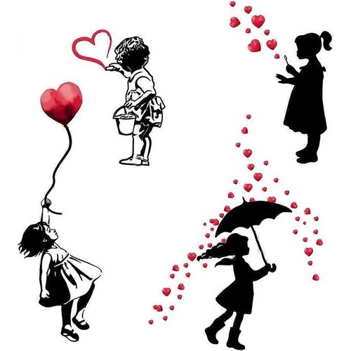Autocollants muraux pour filles, autocollants muraux en vinyle, c?urs, art de rue, petite fille avec ballon en forme de c?ur, graffiti de rue, décoration, autocollant adhésif pour la maison.