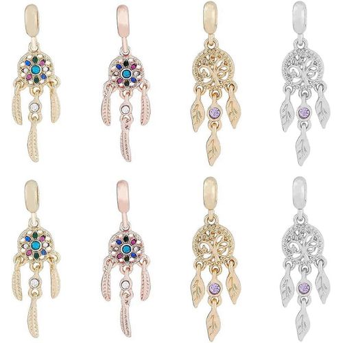 Lot De 8 Breloques Pendantes Européennes En Alliage, 4 Styles, Avec Strass, Attrape-Rêves Et Plumes, Grand Trou, Pour La Fabrication De Bijoux