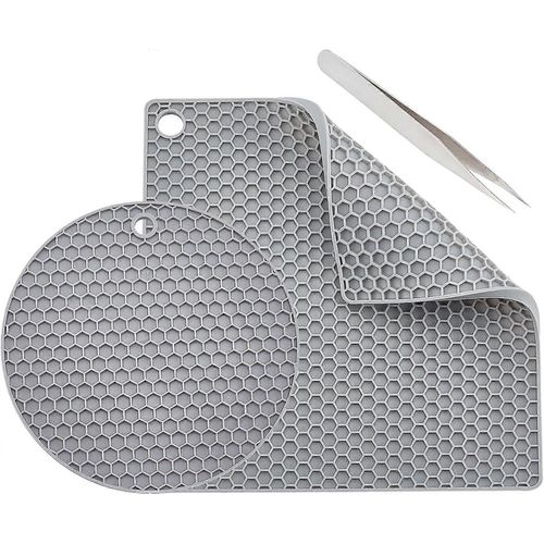 Lot de 2 tapis de dôme en silicone, ronds et carrés, en résine, résistants à la chaleur, en caoutchouc synthétique, nid d'abeille, gris, avec pincettes pour la fabrication de bijoux.