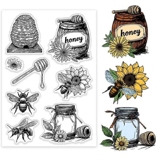 Tampon transparent en silicone en forme d'abeille pour la fabrication de cartes, en nid d'abeille, tournesol, marguerite, miel en conserve, tampon en caoutchouc transparent pour la décoration de bouteilles de miel.