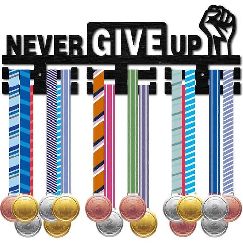 Porte-Médailles « Never Give Up » - Présentoir À Médailles - Organisateur De Rubans De Récompenses - Support En Bois Pour Médailles De Sport - Étagère À Suspendre - Plaques Murales