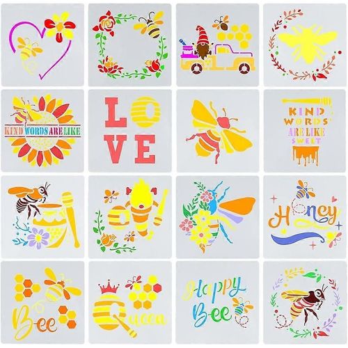 1 lot de 16 pochoirs de peinture en nid d'abeille en plastique, modèles de dessin de papillon, amour, rose, camions, couronnes, pochoir de peinture en aérosol pour bois, carrelage, sol, meubles