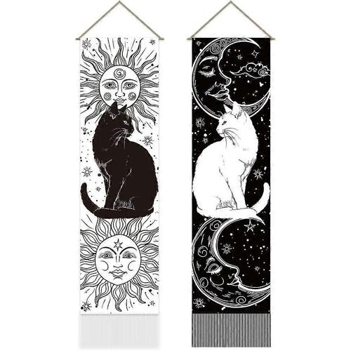 Lot De 2 Tapisseries De Chat Noir Et Blanc, Tapisserie Soleil Et Lune, Tapisserie Vintage À Pompons Noir Et Blanc, Tenture Murale Pour Chambre À Coucher, Salon, Maison 13 X 51 I