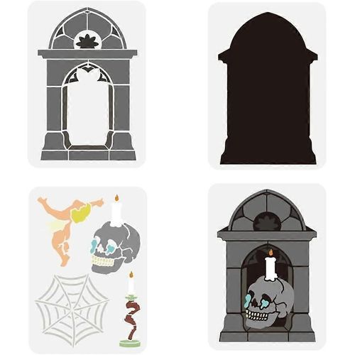 Pochoir de peinture à arches à plusieurs niveaux 3 pièces 8,3 x 11,7 pouces 3 styles PET toiles d'araignée sculptures d'ange crânes pochoirs de pulvérisation murale réutilisables candélabre d'arche gothique Dr