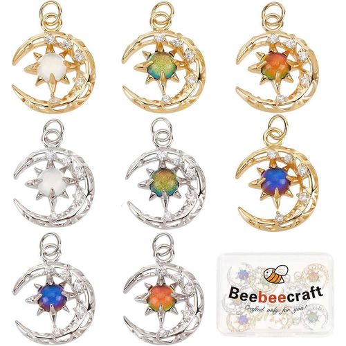 1 Boîte De 8 Breloques Lune En Zircone Cubique Plaquées Or 18 Carats, 8 Couleurs, Avec Pendentifs Soleil En Strass Colorés Et Anneau De Jonction Pour Colliers Et Boucles D'oreilles Diy
