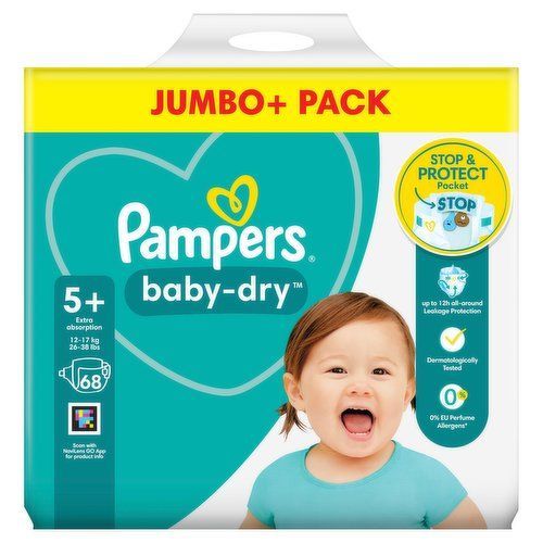 68 X Pampers Baby-Dry Nappies Size 5+ Jumbo+ With 3 Air Channels, Up To 12 Hours