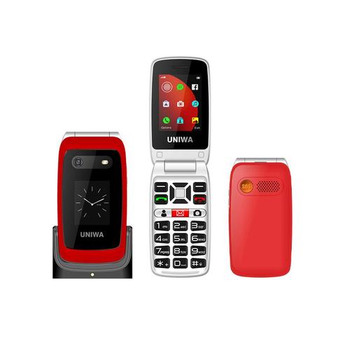 UNIWA V202T telephone clapet 2,4 pouces 1500mAh Bluetooth lampe poche double SIM 4G bouton telephone avec base chargement Rouge