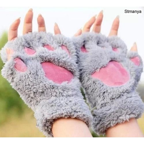 Nouvelles Femmes Mignon Chat Griffe Patte En Peluche Mitaines Chaud Doux En Peluche Court Sans Doigts Moelleux Ours Chat Gants Costume Demi Doigt Fête Cadeau Gris