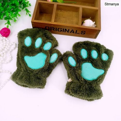 Nouvelles Femmes Mignonnes Griffes De Chat En Peluche Mitaines Chaudes Et Douces En Peluche Courtes Sans Doigts Ours Moelleux Gants De Chat Costume Demi-Doigt Cadeau De Fête Vert