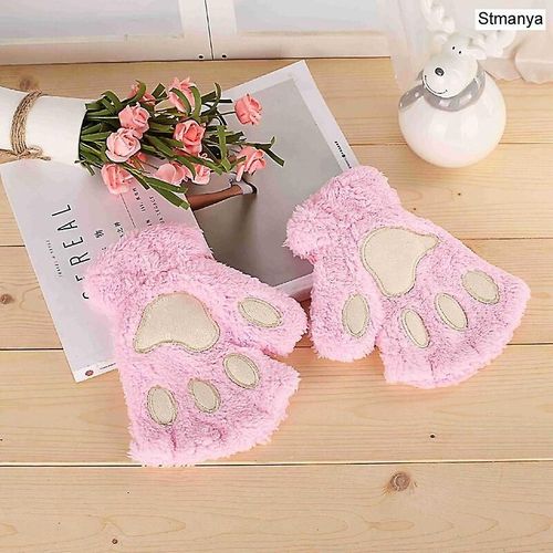 Nouvelles Femmes Mignon Chat Griffe Patte En Peluche Mitaines Chaud Doux En Peluche Court Sans Doigts Moelleux Ours Chat Gants Costume Demi Doigt Fête Cadeau Rose