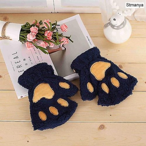 Nouvelles Femmes Mignonnes Griffes De Chat En Peluche Mitaines Chaudes Et Douces En Peluche Courtes Sans Doigts Ours Moelleux Gants De Chat Costume Demi-Doigt Cadeau De Fête Bleu Marine