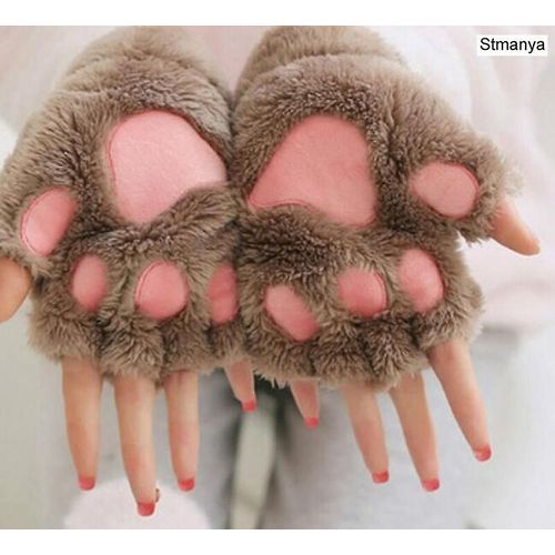 Nouvelles Femmes Mignon Chat Griffe Patte En Peluche Mitaines Chaud Doux En Peluche Court Sans Doigts Moelleux Ours Chat Gants Costume Demi Doigt Fête Cadeau Kaki