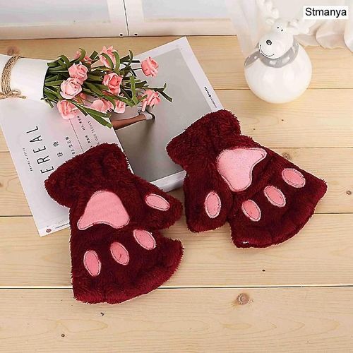 Nouvelles Femmes Mignonnes Griffes De Chat En Peluche Mitaines Chaudes Et Douces En Peluche Courtes Sans Doigts Ours Moelleux Gants De Chat Costume Demi-Doigt Cadeau De Fête Rouge Foncé