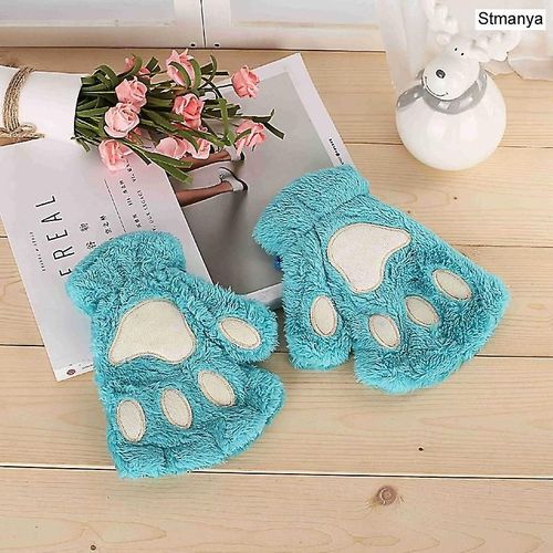 Nouvelles Femmes Mignonnes Griffes De Chat En Peluche Mitaines Chaudes Et Douces En Peluche Courtes Sans Doigts Ours Moelleux Gants De Chat Costume Demi-Doigt Cadeau De Fête Bleu Vert