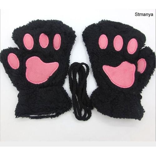 Nouvelles Femmes Mignonnes Griffes De Chat En Peluche Mitaines Chaudes Et Douces En Peluche Courtes Sans Doigts Ours Moelleux Gants De Chat Costume Demi-Doigt Cadeau De Fête Noir