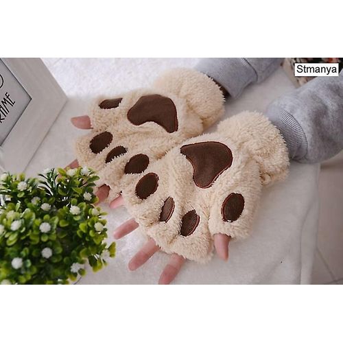 Nouvelles Femmes Mignon Chat Griffe Patte En Peluche Mitaines Chaud Doux En Peluche Court Sans Doigts Moelleux Ours Chat Gants Costume Demi Doigt Fête Cadeau Beige