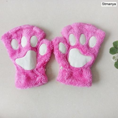 Nouvelles Femmes Mignon Chat Griffe Patte En Peluche Mitaines Chaud Doux En Peluche Court Sans Doigts Moelleux Ours Chat Gants Costume Demi Doigt Fête Cadeau Rose