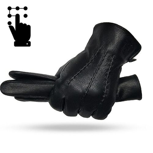 Gants D'hiver En Cuir Pour Hommes, Chauds Et Doux, Noirs, Design De Couture, Mitaines En Peau De Daim, Imitent La Doublure En Laine, 12