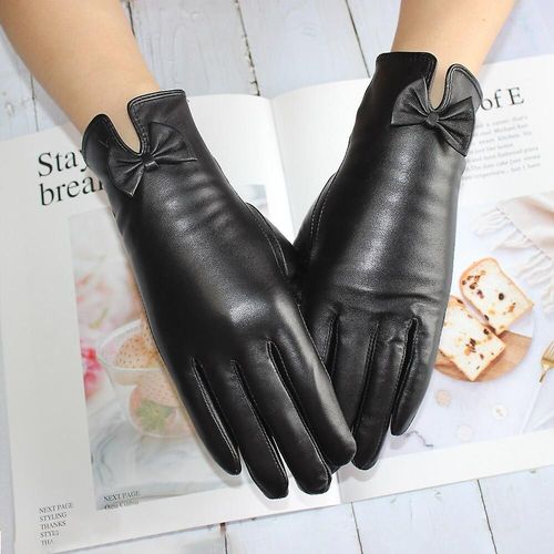 Gants Noirs En Cuir Véritable Pour Femmes, Nouvelle Mode, Décoration Avec N¿Ud En Peau De Mouton, Doublure En Velours, Garde Au Chaud En Hiver, 8 Noirs
