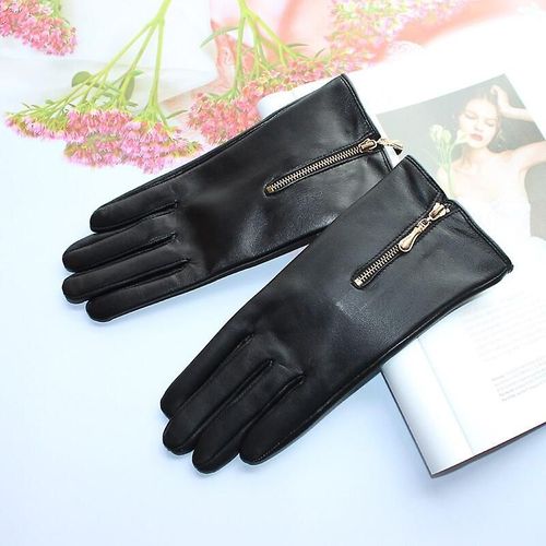 Gants En Peau De Mouton Pour Femmes, Doublure En Cuir Et Velours, À La Mode, Style Fermeture Éclair, Gants Chauds D'automne Et D'hiver, 7 Écrans Tactiles, Nouvelle Collection