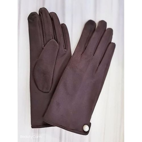 Femmes Hiver Plus Velours Épaissir Chaud Écran Tactile Gants Élégant Perle Daim Coupe-Vent Doigt Complet Cyclisme Conduite Gants Taille Unique E44 Café