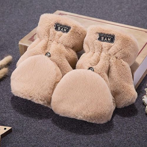 Mitaines Tricotées En Fourrure De Lapin Douce Et Chaude D'hiver Pour Femmes, Gants De Conduite À Demi-Doigt En Peluche Épais, Gants Pour Écran Tactile De Chat Mignon, Taille Unique H45 Kaki