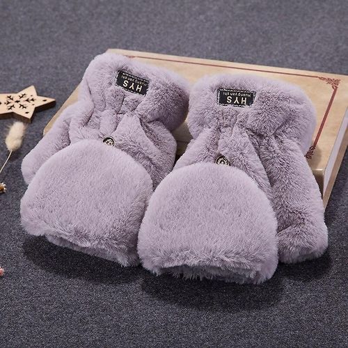 Mitaines Tricotées En Fourrure De Lapin Douce Et Chaude D'hiver Pour Femmes, Gants De Conduite À Demi-Doigt En Peluche Épais, Gants Pour Écran Tactile De Chat Mignon, Taille Unique H45 Gris