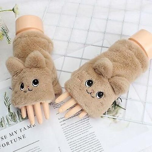 Mitaines Tricotées En Fourrure De Lapin Douce Et Chaude D'hiver Pour Femmes, Gants De Conduite À Demi-Doigt En Peluche Épais, Gants Pour Écran Tactile De Chat Mignon, Taille Unique B Demi-Doigt Kaki