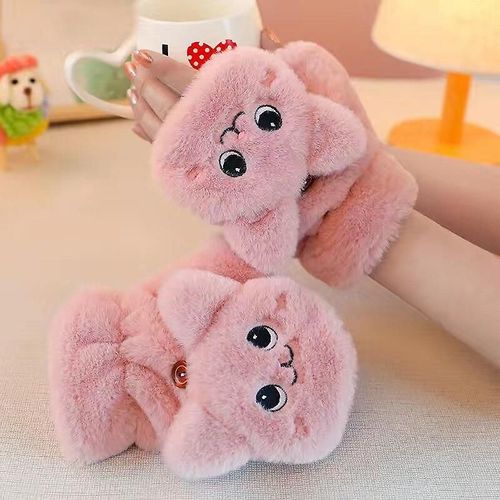 Hiver Chaud Doux Fourrure De Lapin Tricot Mitaines Femmes Flip Demi Doigt Gants De Conduite En Peluche Épais Chat Mignon Gants À Écran Tactile Taille Unique A Rose