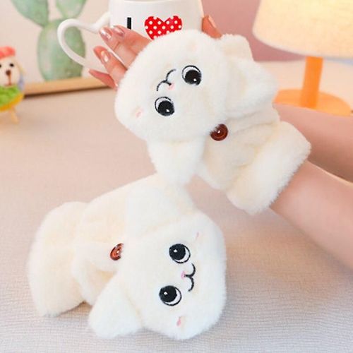 Mitaines Tricotées En Fourrure De Lapin Douce Et Chaude Pour Femme - Gants De Conduite À Demi-Doigt - En Peluche Épaisse Et Mignonne - Gants Pour Écran Tactile - Taille Unique A À Clapet Blanc