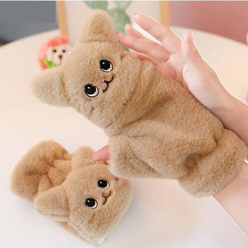 Mitaines Tricotées En Fourrure De Lapin Douce Et Chaude Pour Femme - Gants De Conduite À Demi-Doigt - En Peluche Épaisse Et Mignonne - Gants Pour Écran Tactile - Taille Unique A À Clapet Kaki