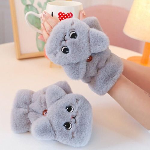 Mitaines Tricotées En Fourrure De Lapin Douce Et Chaude Pour Femme - Gants De Conduite À Demi-Doigts - En Peluche Épaisse Et Mignonne - Gants Pour Écran Tactile - Taille Unique - Gris À Clapet
