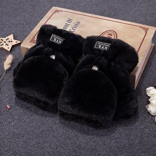 Mitaines Tricotées En Fourrure De Lapin Douce Et Chaude D'hiver Pour Femmes, Gants De Conduite À Demi-Doigt En Peluche Épais, Gants Pour Écran Tactile De Chat Mignon, Taille Unique H45 Noir