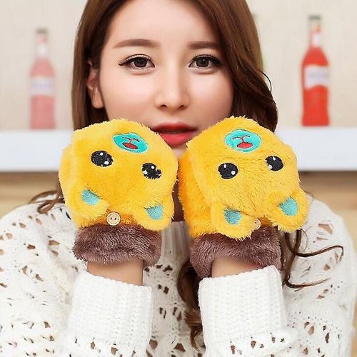 Mitaines Tricotées En Fourrure De Lapin Douce Et Chaude D'hiver Pour Femmes, Gants De Conduite À Demi-Doigt En Peluche Épais, Gants Pour Écran Tactile De Chat Mignon, Taille Unique G88 Jaune