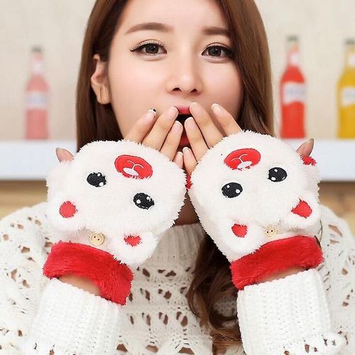 Mitaines Tricotées En Fourrure De Lapin Douce Et Chaude D'hiver Pour Femmes, Gants De Conduite À Demi-Doigt En Peluche Épais, Gants Pour Écran Tactile De Chat Mignon, Taille Unique G88 Blanc