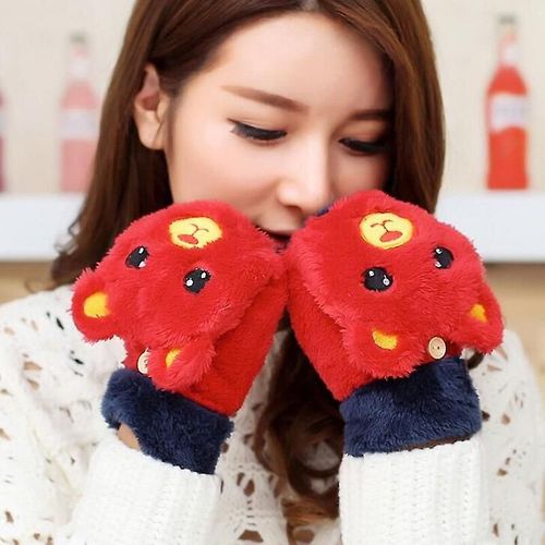 Mitaines Tricotées En Fourrure De Lapin Douce Et Chaude D'hiver Pour Femmes, Gants De Conduite À Demi-Doigt En Peluche Épais, Gants Pour Écran Tactile De Chat Mignon, Taille Unique G88 Rouge
