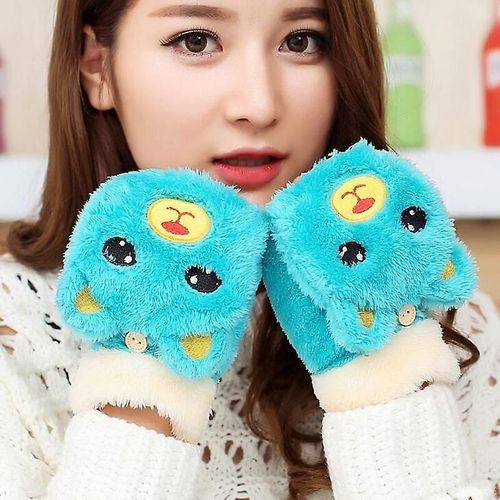Mitaines Tricotées En Fourrure De Lapin Douce Et Chaude Pour Femme - Gants De Conduite À Demi-Doigt En Peluche Épais Et Mignons Pour Écran Tactile - Taille Unique G88 Bleu
