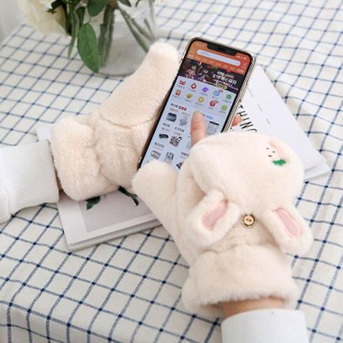 Mitaines En Tricot De Fourrure De Lapin Douce Et Chaude D'hiver Pour Femmes, Gants De Conduite À Demi-Doigt En Peluche Épais, Gants Pour Écran Tactile De Chat Mignon, Taille Unique E24 Beige