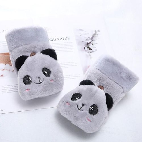 Mitaines Tricotées En Fourrure De Lapin Douce Et Chaude D'hiver Pour Femmes, Gants De Conduite À Demi-Doigt En Peluche Épais, Gants Pour Écran Tactile De Chat Mignon, Taille Unique E21 Gris À Clapet
