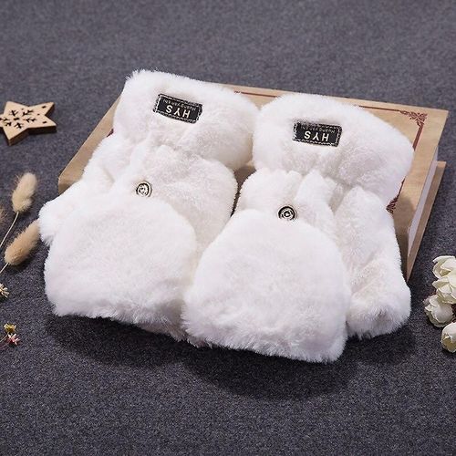 Mitaines Tricotées En Fourrure De Lapin Douce Et Chaude D'hiver Pour Femmes, Gants De Conduite À Demi-Doigt En Peluche Épais, Gants Pour Écran Tactile De Chat Mignon, Taille Unique H45 Blanc