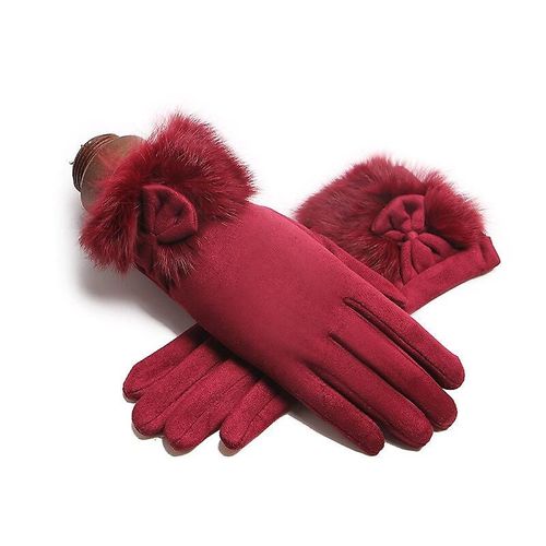 Hiver Femme Daim Cuir Noeud En Peluche Poignet Mitaines Femmes Épais Plus Peluche Coupe-Vent Chaud Écran Tactile Gants De Conduite Taille Unique Rouge